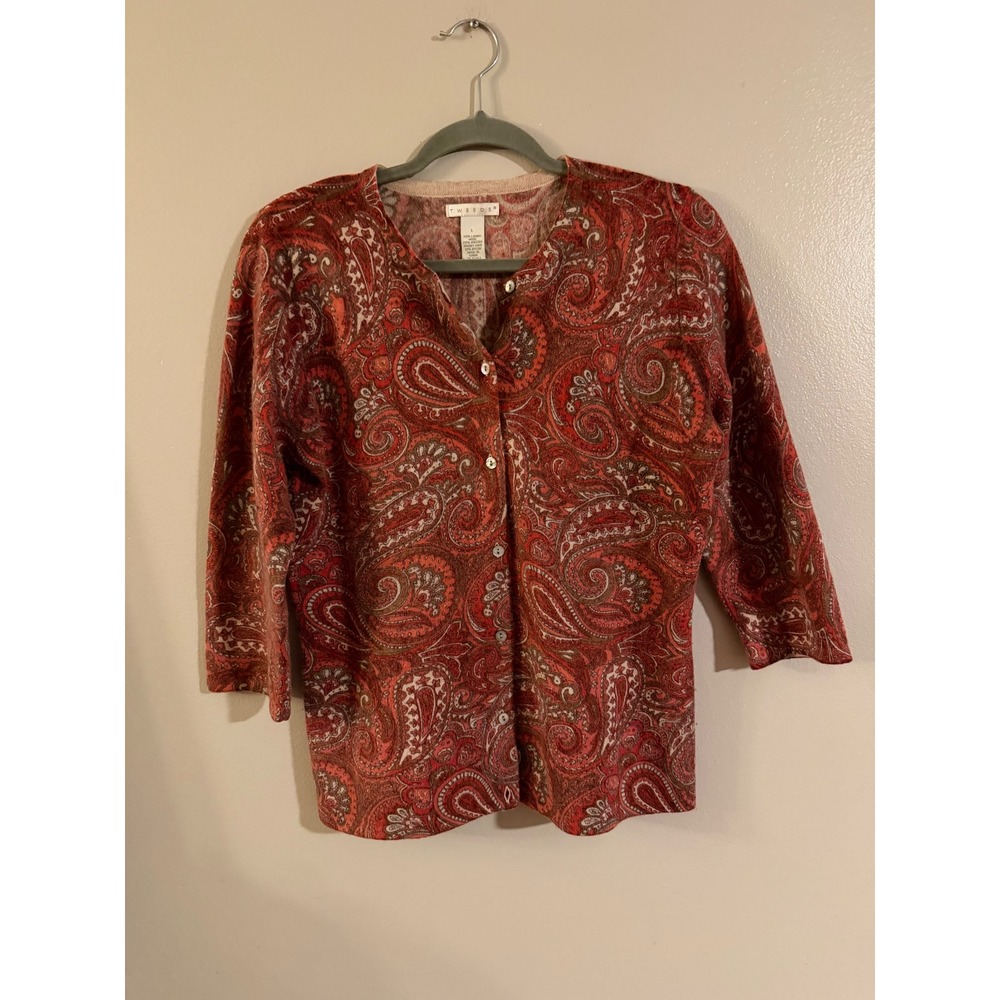 Tweeds Lambswool Angora Paisley Cardigan Sweater Red Orange Brown Large